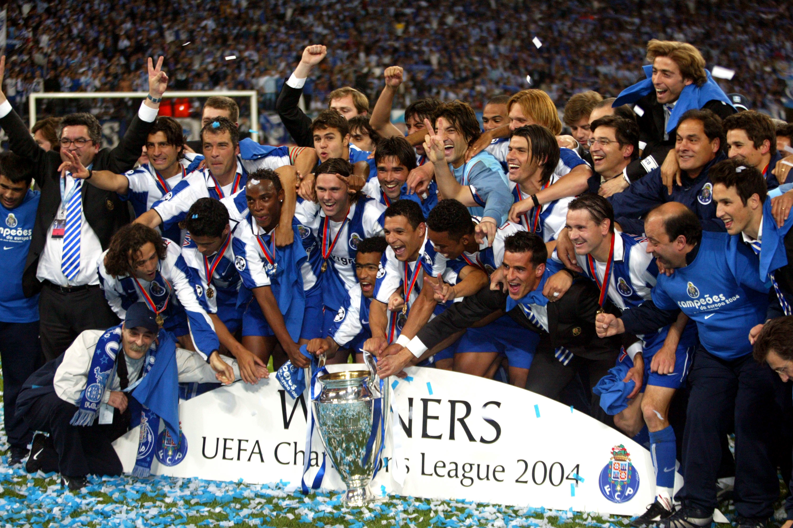 Porto celebrate their surprise Champions League victory in 2004. Image: PA Images